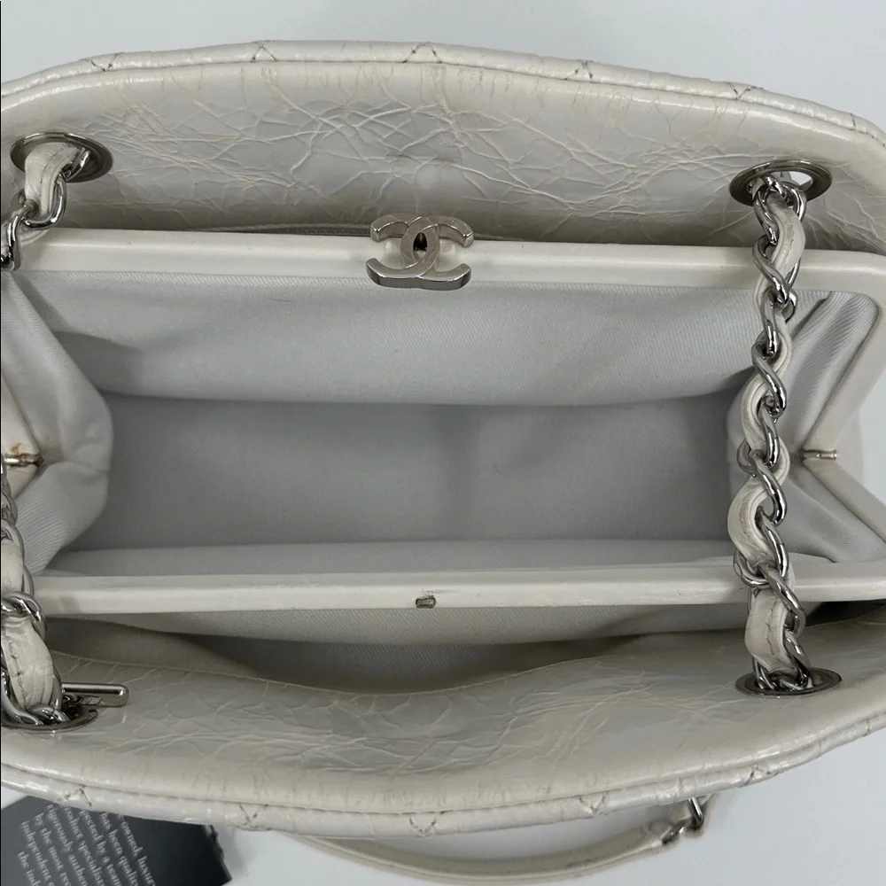 Authenticated CHANEL Mademoiselle Shoulder Chain Bag- White/Silver - Picture 10 of 17